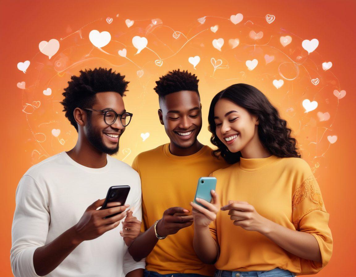 A modern couple of diverse ethnic backgrounds smiling at their phones, surrounded by digital icons representing connection like hearts, chat bubbles, and social media logos. The background features a soft blend of warm colors to evoke a sense of warmth and togetherness. Elements of technology subtly woven in, like circuit patterns or glowing screens. The overall atmosphere is inviting and friendly, symbolizing love transcending barriers. vibrant colors. super-realistic.