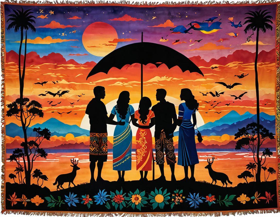 A colorful tapestry interwoven with symbols representing various cultures, such as traditional clothing, flags, and landmarks, surrounded by silhouettes of diverse couples engaging in heartfelt conversations. The background features a warm sunset, symbolizing connection and friendship across cultures. The scene should evoke emotions of love, understanding, and unity. vibrant colors. super-realistic.