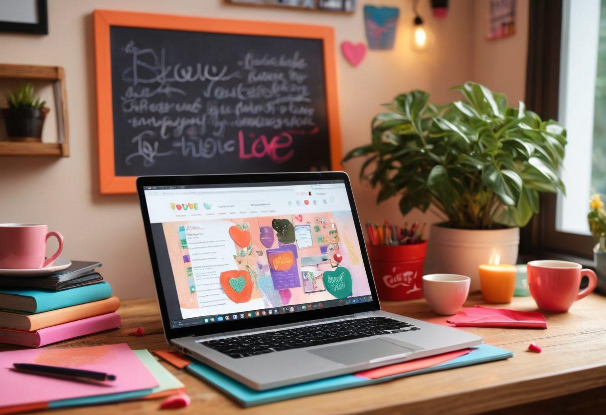 A cozy workspace featuring an open laptop with a blog page on love and relationships, surrounded by colorful stationery and heart-shaped decorations. In the background, a chalkboard displays inspirational quotes about love and networking. Soft lighting creates a warm, inviting atmosphere. Include a steaming cup of coffee and a potted plant for a touch of nature. super-realistic. vibrant colors. 3D.